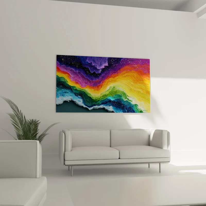 Tableau Vague chromatique orange et violette étoilée - Marée cosmique - Edition Multicolore abstrait