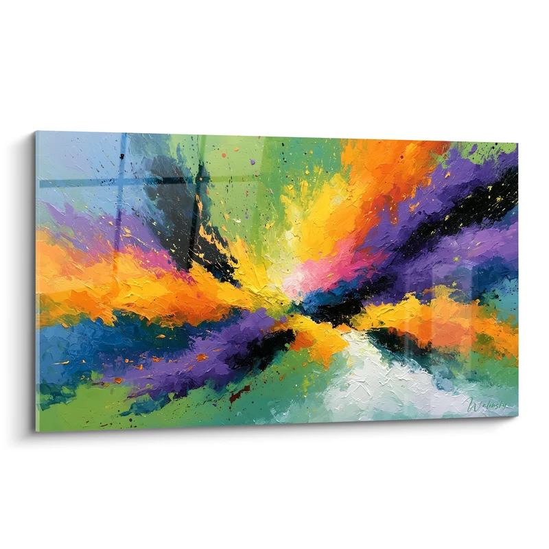 Tableau Explosion picturale orange et violette sur fond vert - Étincelle rose centrale - Edition Multicolore abstrait
