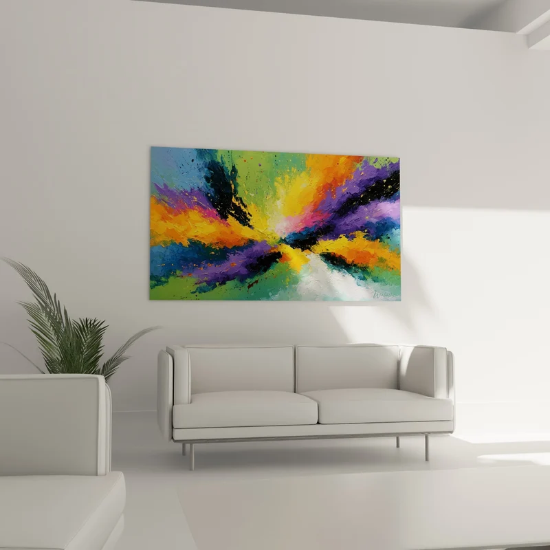 Tableau Explosion picturale orange et violette sur fond vert - Étincelle rose centrale - Edition Multicolore abstrait