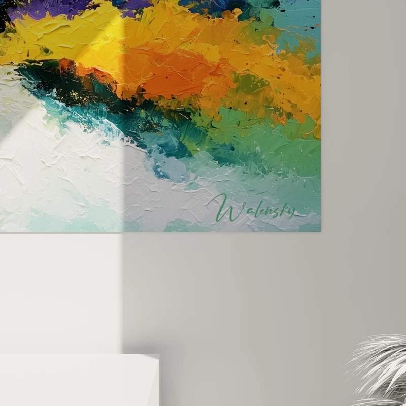 Tableau Explosion picturale orange et violette sur fond vert - Étincelle rose centrale - Edition Multicolore abstrait