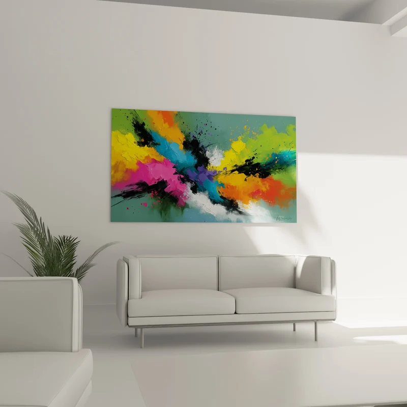 Tableau Explosion rose et jaune sur fond sauge - Déflagration chromatique - Edition Multicolore abstrait