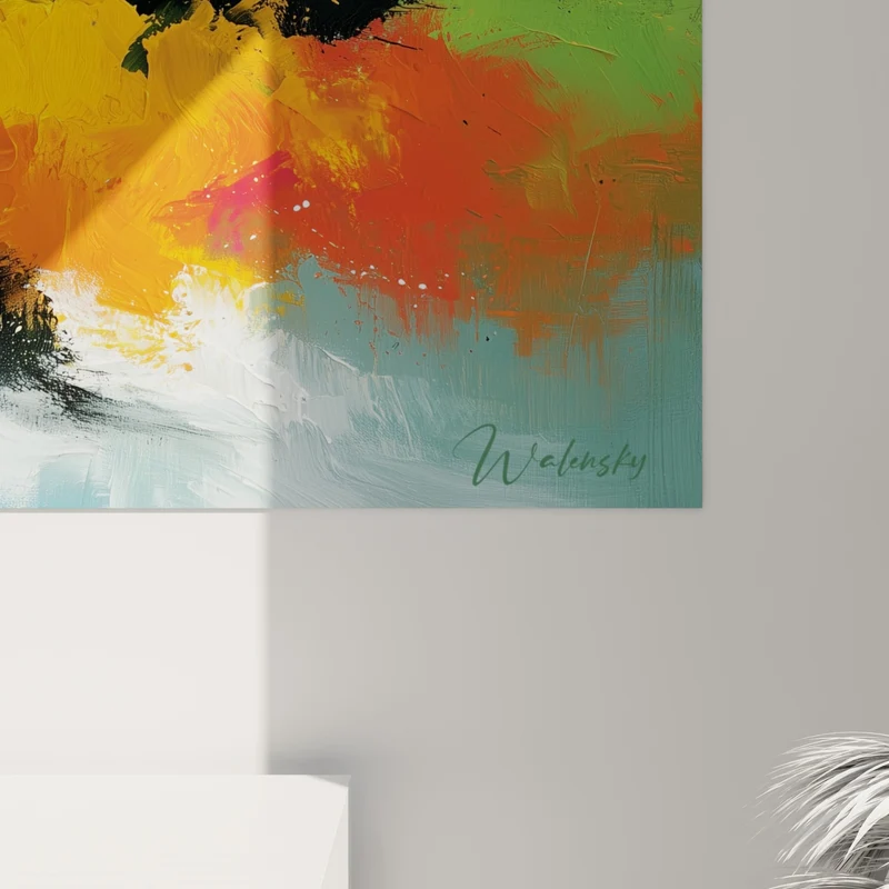 Tableau Explosion rose et jaune sur fond sauge - Déflagration chromatique - Edition Multicolore abstrait