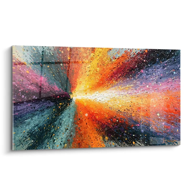 Tableau Explosion radiale orange et turquoise au cœur blanc - Faisceau lumineux central - Edition Multicolore abstrait