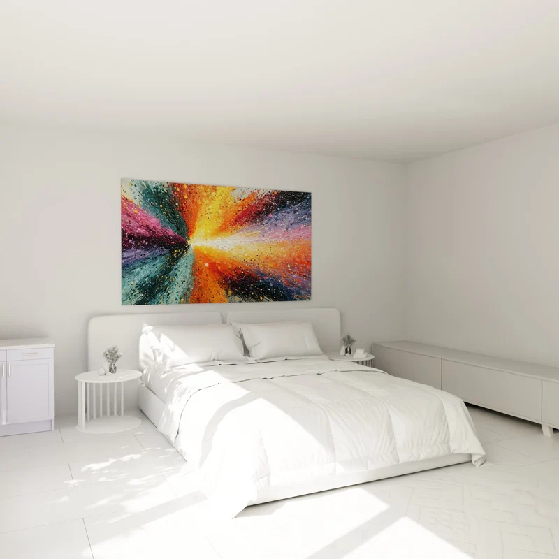 Tableau Explosion radiale orange et turquoise au cœur blanc - Faisceau lumineux central - Edition Multicolore abstrait