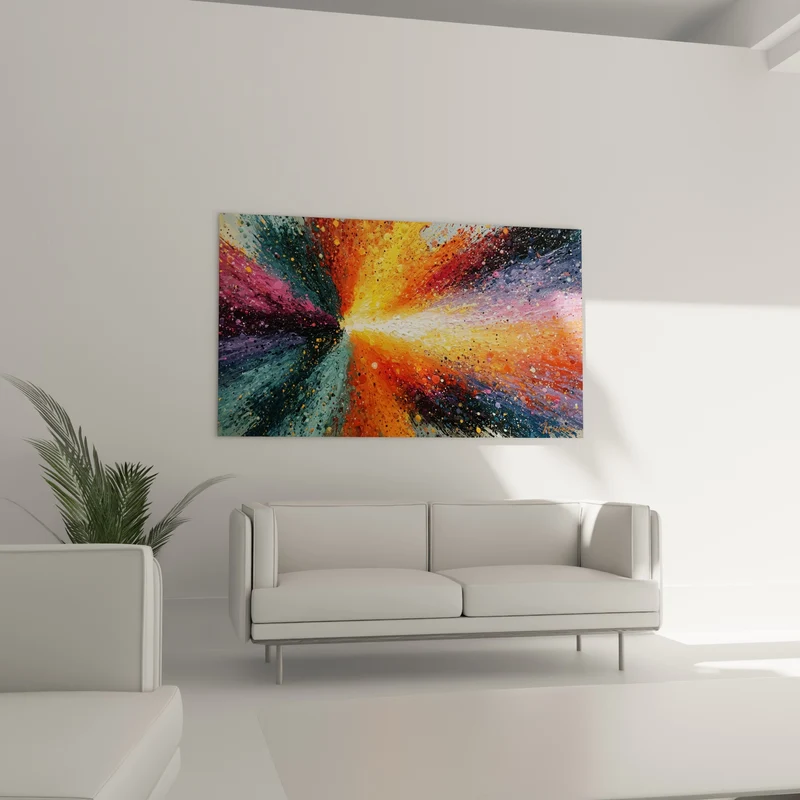 Tableau Explosion radiale orange et turquoise au cœur blanc - Faisceau lumineux central - Edition Multicolore abstrait