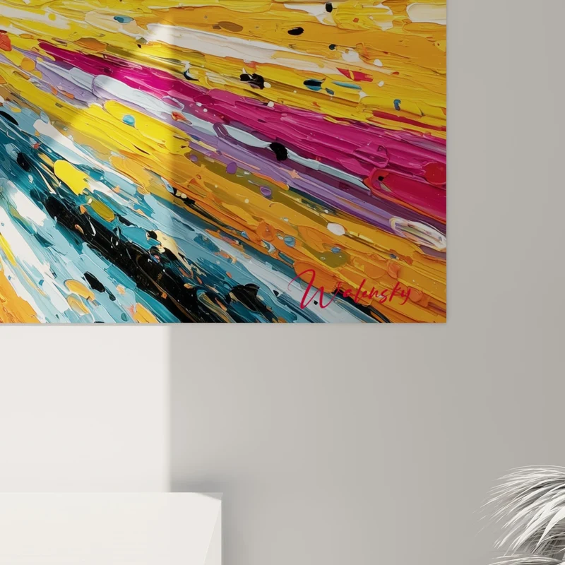 Tableau Rayons striés jaune et bleu pétrole vers point blanc - Convergence rayonnante centrale - Edition Multicolore abstrait