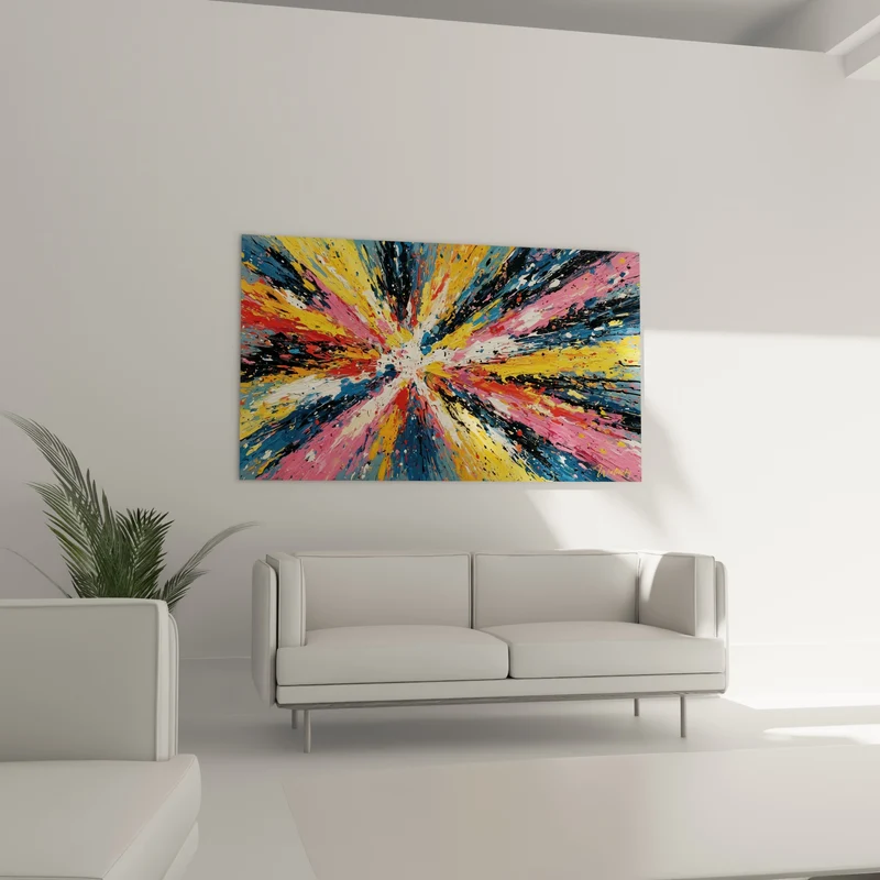 Tableau Explosion radiale rose et bleu marine vers point blanc - Traînées divergentes noires - Edition Multicolore abstrait