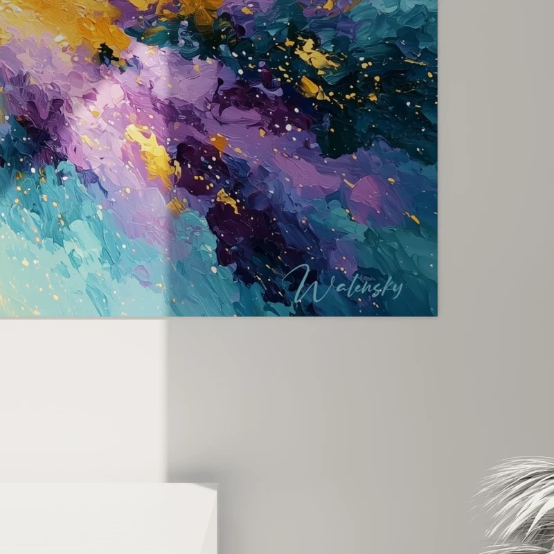 Tableau Explosion dorée aux éclats violets - Onde de choc lumineuse - Edition Multicolore abstrait