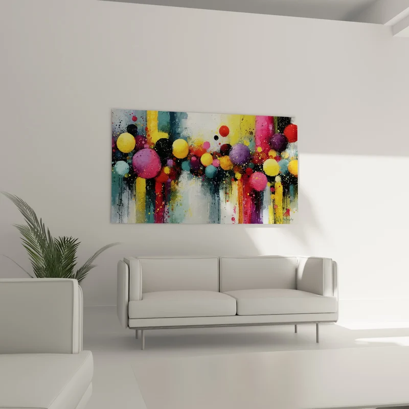 Tableau Sphères jaunes et roses aux coulures verticales - Rangée de bulles - Edition Multicolore abstrait