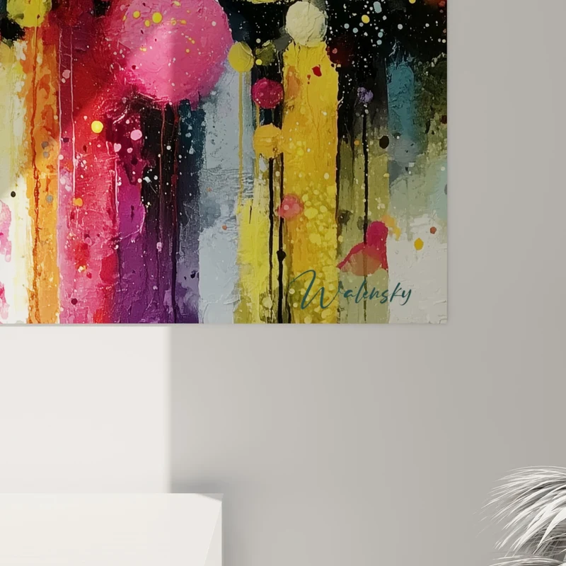 Tableau Sphères jaunes et roses aux coulures verticales - Rangée de bulles - Edition Multicolore abstrait