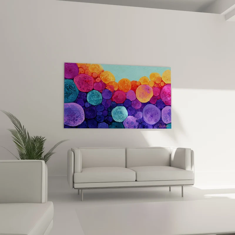 Tableau Bulles violettes et orangées texturées - Éclosion cellulaire - Edition Multicolore abstrait