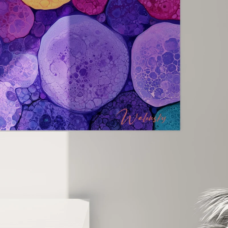 Tableau Bulles violettes et orangées texturées - Éclosion cellulaire - Edition Multicolore abstrait