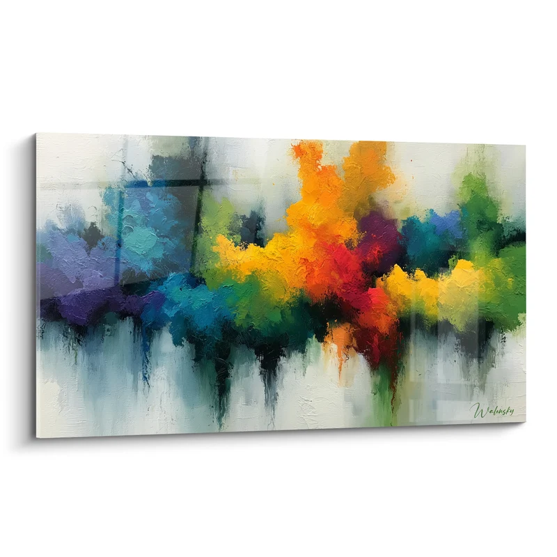 Tableau Nuages orange et bleu au grillage effacé - Coulures verticales sombres - Edition Multicolore abstrait