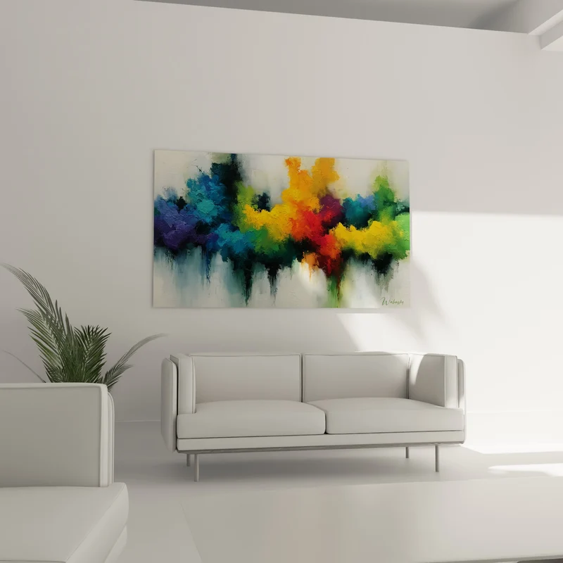 Tableau Nuages orange et bleu au grillage effacé - Coulures verticales sombres - Edition Multicolore abstrait