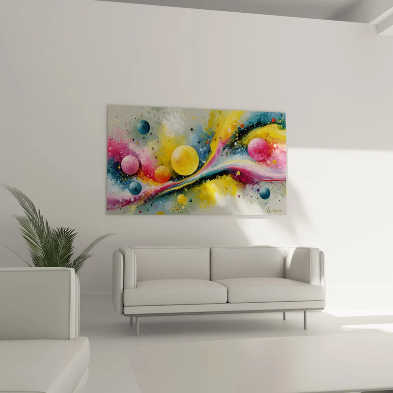 Tableau Sphères jaunes et roses en cascade - Danse céleste - Edition Multicolore abstrait