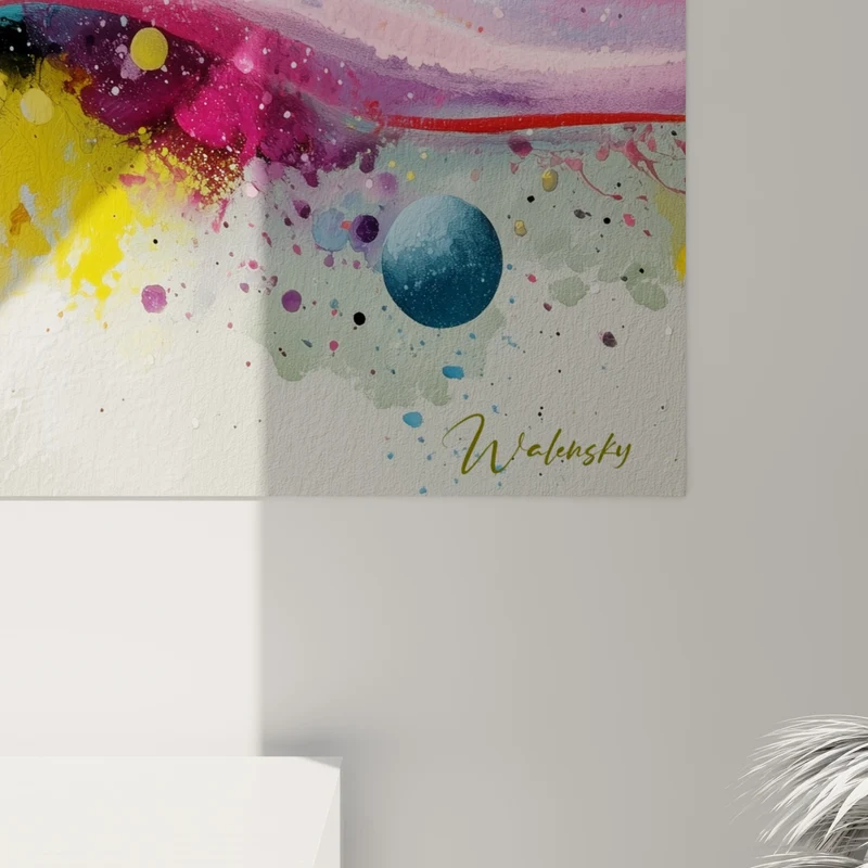 Tableau Sphères jaunes et roses en cascade - Danse céleste - Edition Multicolore abstrait