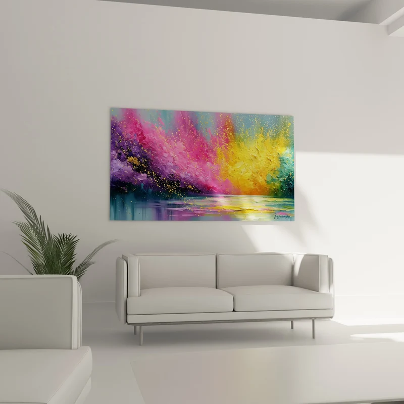 Tableau Rivage embrasé rose et jaune aux éclaboussures dorées - Reflets sur l'eau calme - Edition Multicolore abstrait