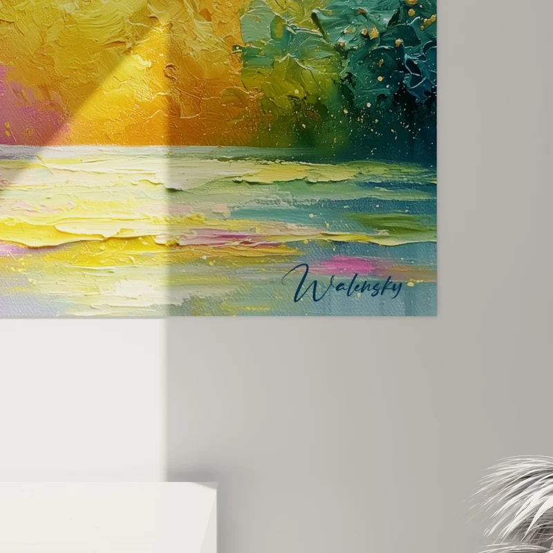 Tableau Rivage embrasé rose et jaune aux éclaboussures dorées - Reflets sur l'eau calme - Edition Multicolore abstrait