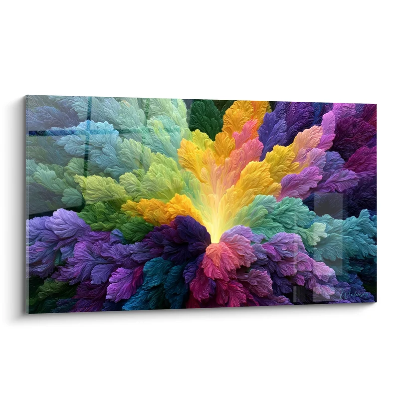 Tableau Fougères plumeuses jaune et violette autour d'un cœur lumineux - Foisonnement végétal irisé - Edition Multicolore abstrait
