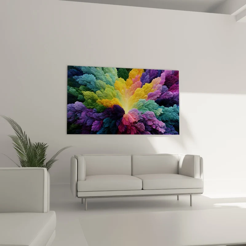 Tableau Fougères plumeuses jaune et violette autour d'un cœur lumineux - Foisonnement végétal irisé - Edition Multicolore abstrait