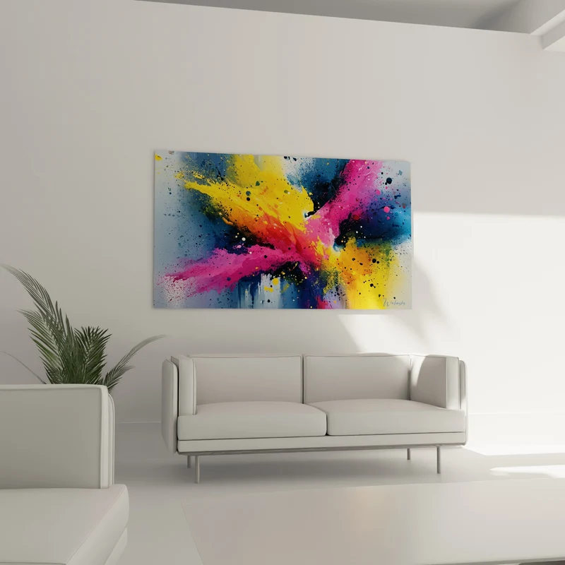 Tableau Explosion de pigments roses et jaunes - Éruption chromatique - Edition Multicolore abstrait