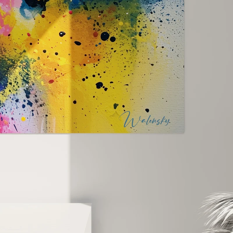 Tableau Explosion de pigments roses et jaunes - Éruption chromatique - Edition Multicolore abstrait