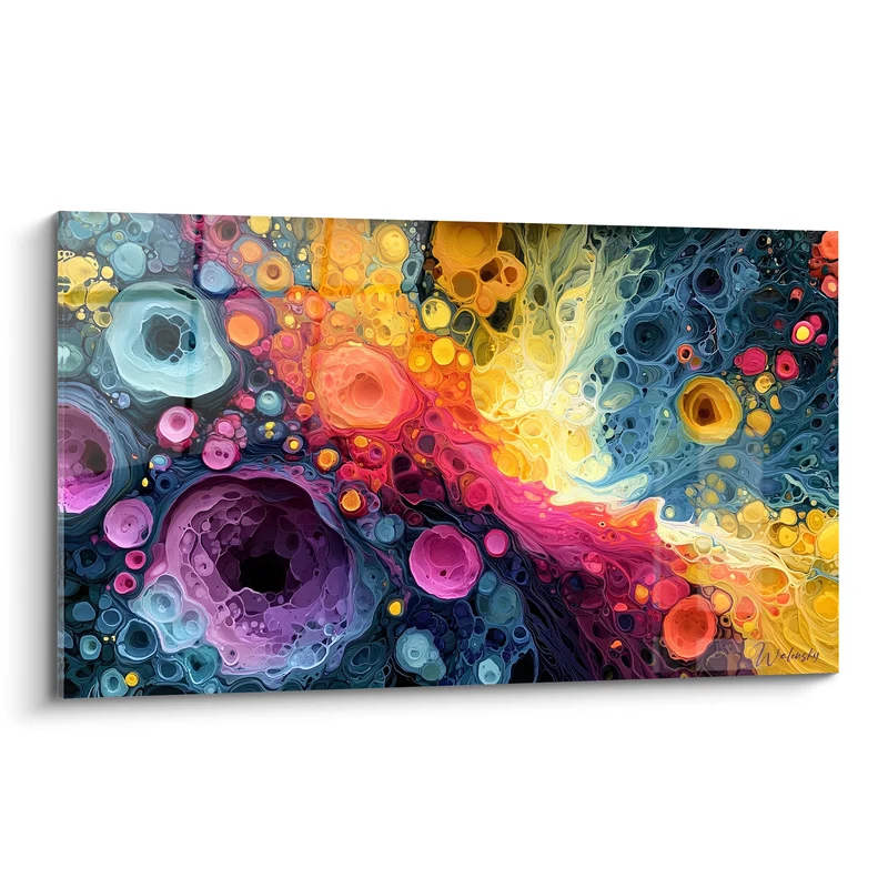 Tableau Bulles fluides bleu pétrole et safran - Effervescence organique - Edition Multicolore abstrait