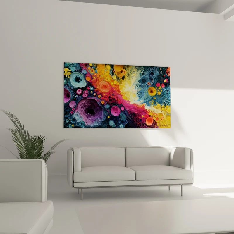 Tableau Bulles fluides bleu pétrole et safran - Effervescence organique - Edition Multicolore abstrait