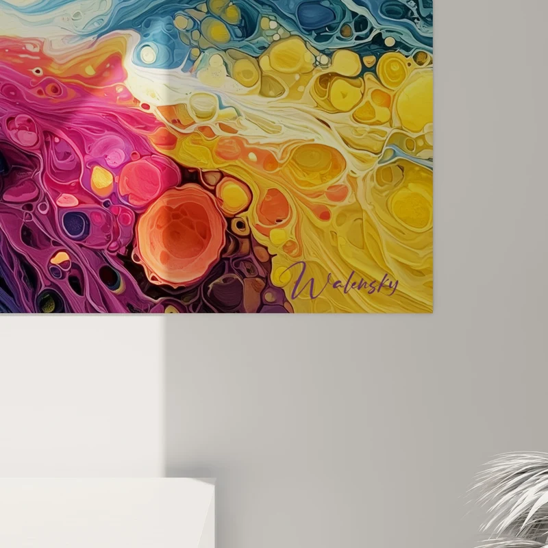 Tableau Bulles fluides bleu pétrole et safran - Effervescence organique - Edition Multicolore abstrait
