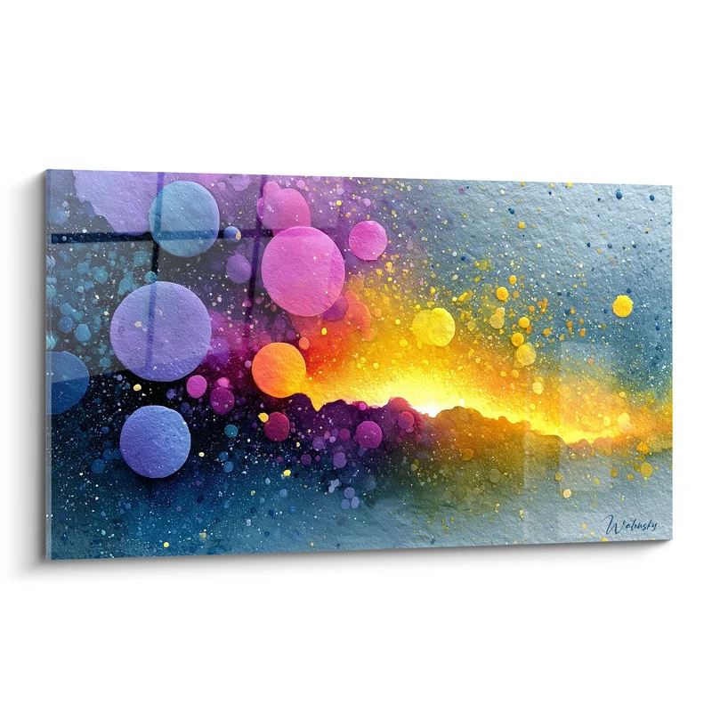 Tableau Sphères mauves et bleues sur crête lumineuse dorée - Ligne d'horizon incandescente - Edition Multicolore abstrait