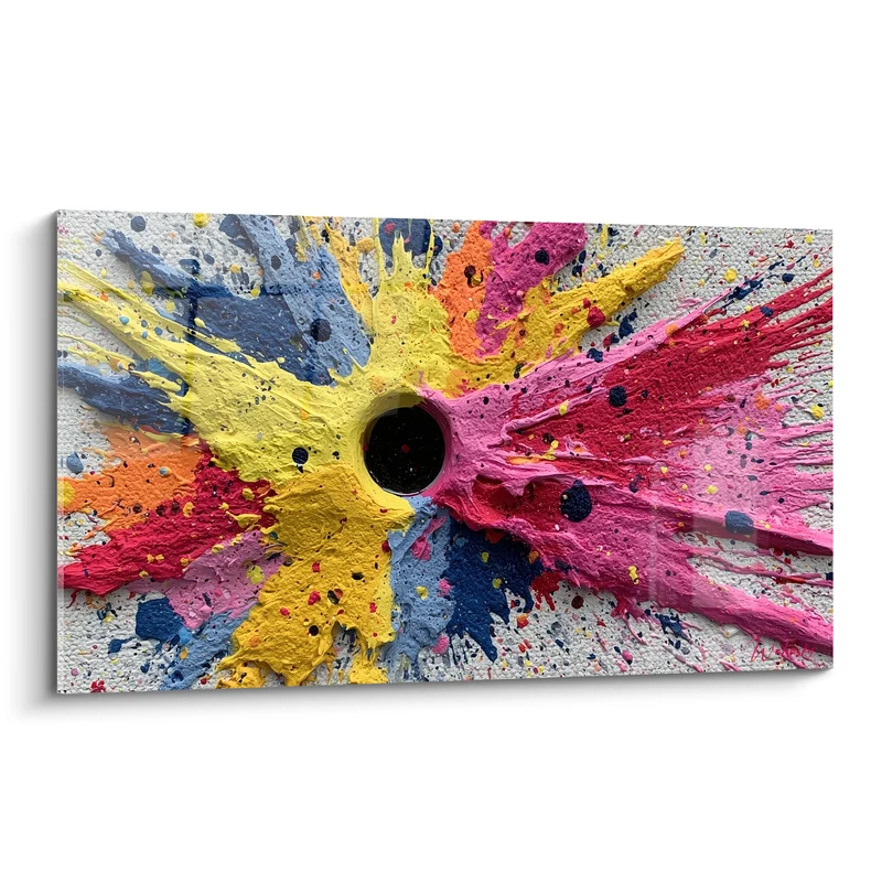 Tableau Explosion picturale jaune et rose au trou noir - Éclats sur toile granuleuse - Edition Multicolore abstrait