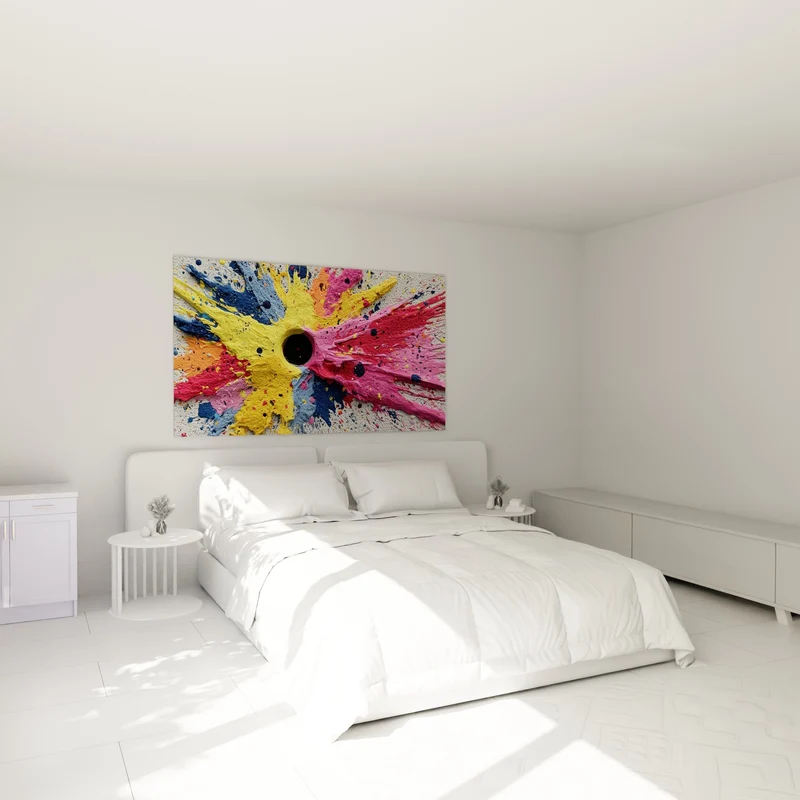 Tableau Explosion picturale jaune et rose au trou noir - Éclats sur toile granuleuse - Edition Multicolore abstrait