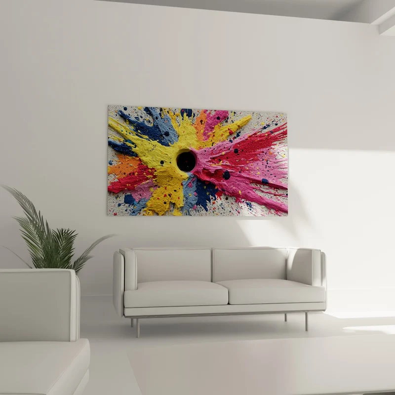 Tableau Explosion picturale jaune et rose au trou noir - Éclats sur toile granuleuse - Edition Multicolore abstrait