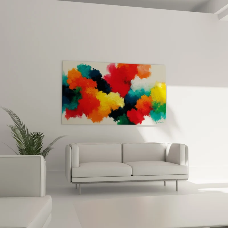 Tableau Nuages de peinture rouge et jaune éclatants - Éruption de teintes - Edition Multicolore abstrait