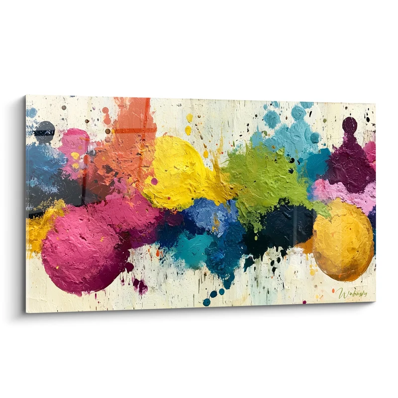 Tableau Sphères de peinture rose et jaune - Éclaboussure joyeuse - Edition Multicolore abstrait