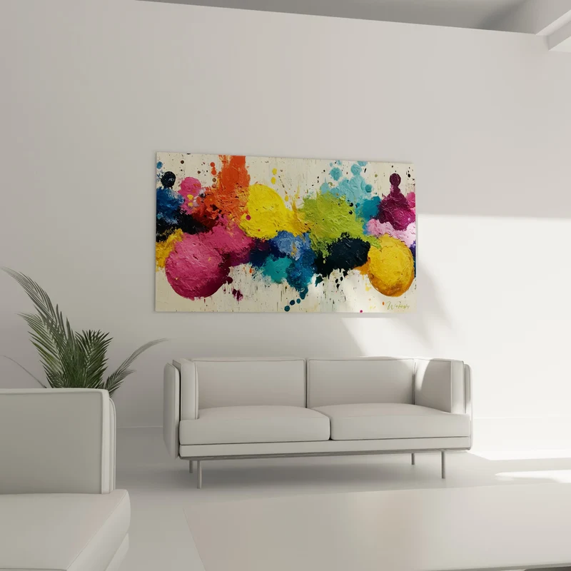 Tableau Sphères de peinture rose et jaune - Éclaboussure joyeuse - Edition Multicolore abstrait