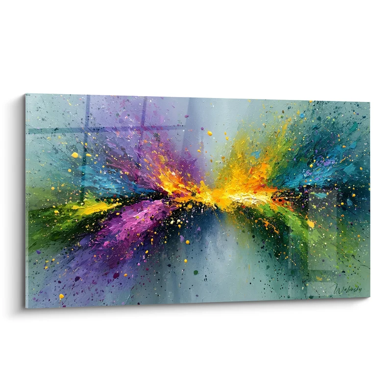 Tableau Explosion horizontale mauve et dorée sur fond gris - Étincelle centrale blanche - Edition Multicolore abstrait