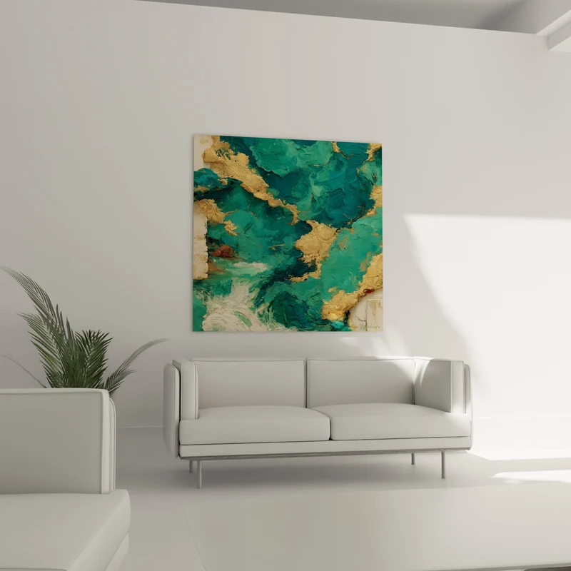 Tableau Vagues turquoise et éclats dorés - Lagune céleste - Edition style Peinture abstrait