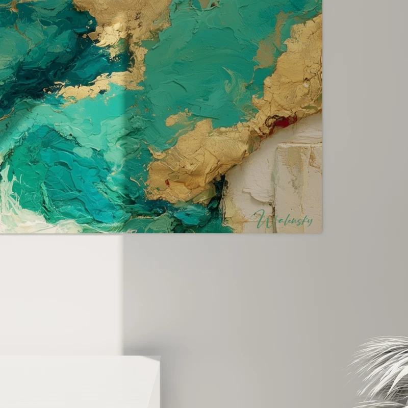 Tableau Vagues turquoise et éclats dorés - Lagune céleste - Edition style Peinture abstrait