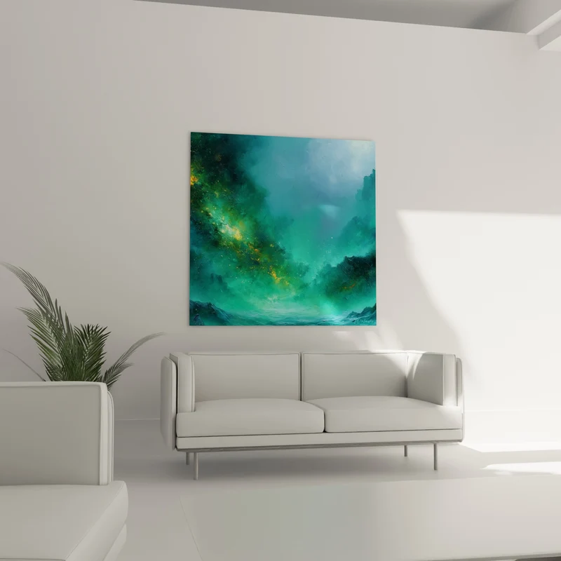 Tableau Nébuleuse verte et dorée entre falaises sombres - Brume céleste étoilée - Edition style Peinture abstrait