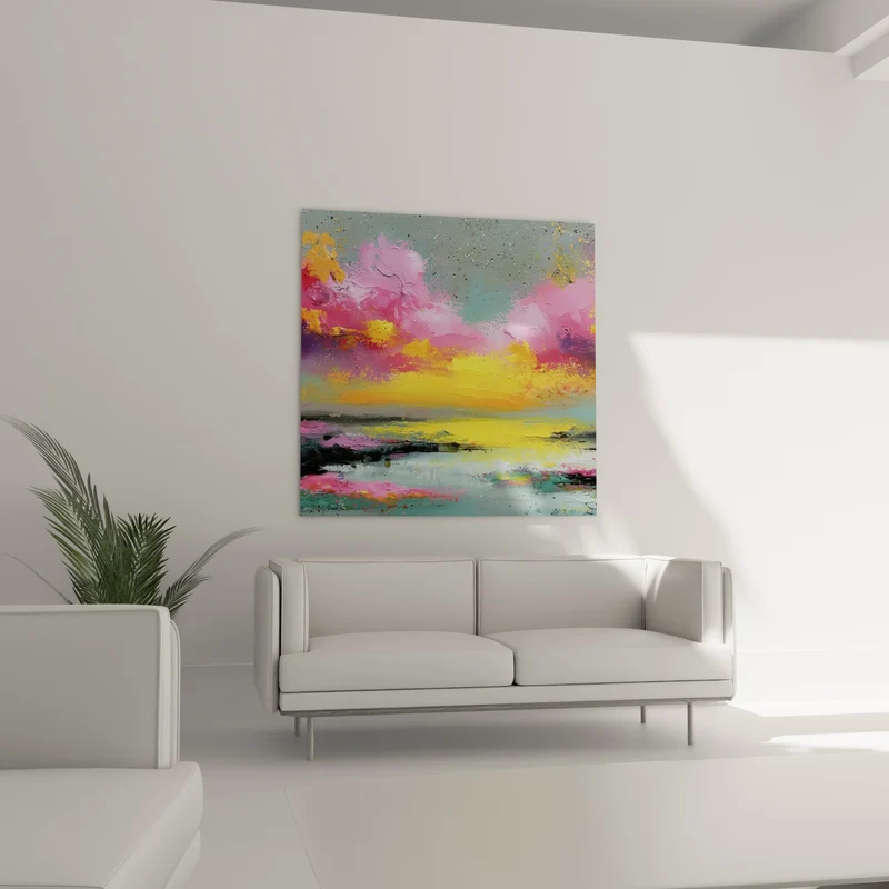 Tableau Ciel jaune et rose éclaboussé d'or - Rivage embrasé - Edition style Peinture abstrait