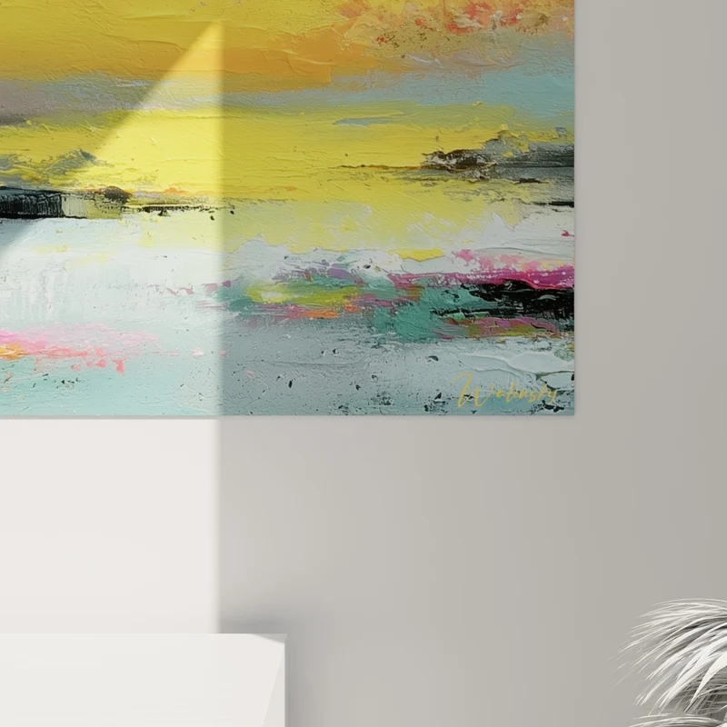 Tableau Ciel jaune et rose éclaboussé d'or - Rivage embrasé - Edition style Peinture abstrait