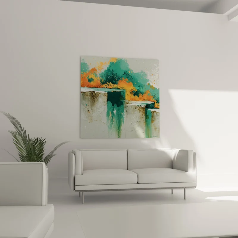 Tableau Falaises blanches aux coulées turquoise et orangées - Renaissance après l'orage - Edition style Peinture abstrait