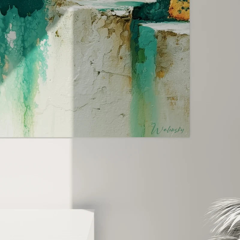 Tableau Falaises blanches aux coulées turquoise et orangées - Renaissance après l'orage - Edition style Peinture abstrait