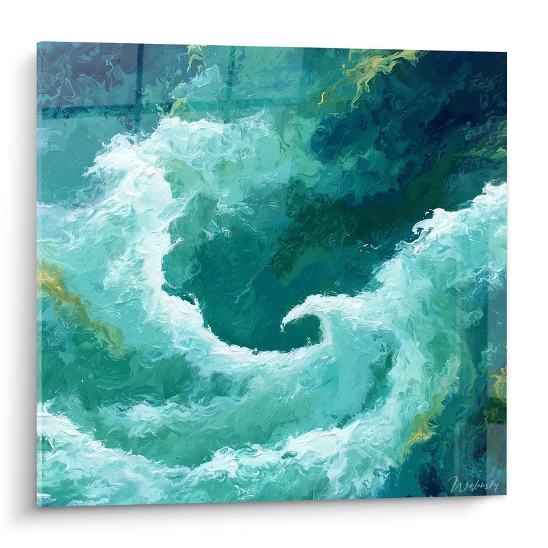 Tableau Tourbillon marin turquoise et écume blanche - Vertige océanique - Edition style Peinture abstrait