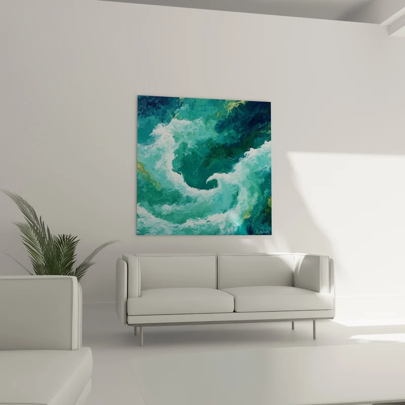 Tableau Tourbillon marin turquoise et écume blanche - Vertige océanique - Edition style Peinture abstrait