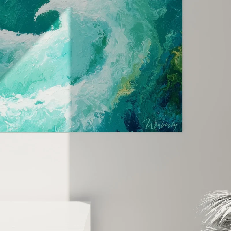 Tableau Tourbillon marin turquoise et écume blanche - Vertige océanique - Edition style Peinture abstrait