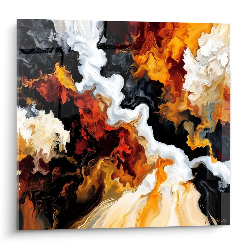 Tableau Coulée abstraite noire et orange embrasée - Rivière de flammes - Edition style Peinture abstrait