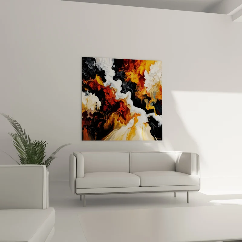 Tableau Coulée abstraite noire et orange embrasée - Rivière de flammes - Edition style Peinture abstrait