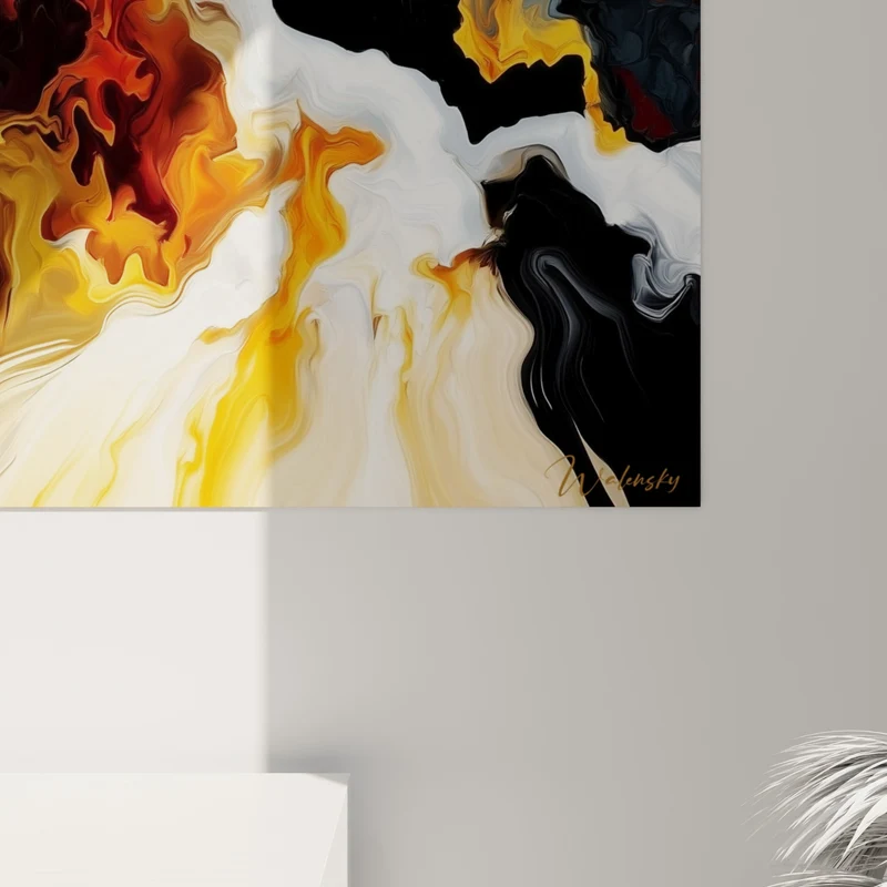 Tableau Coulée abstraite noire et orange embrasée - Rivière de flammes - Edition style Peinture abstrait